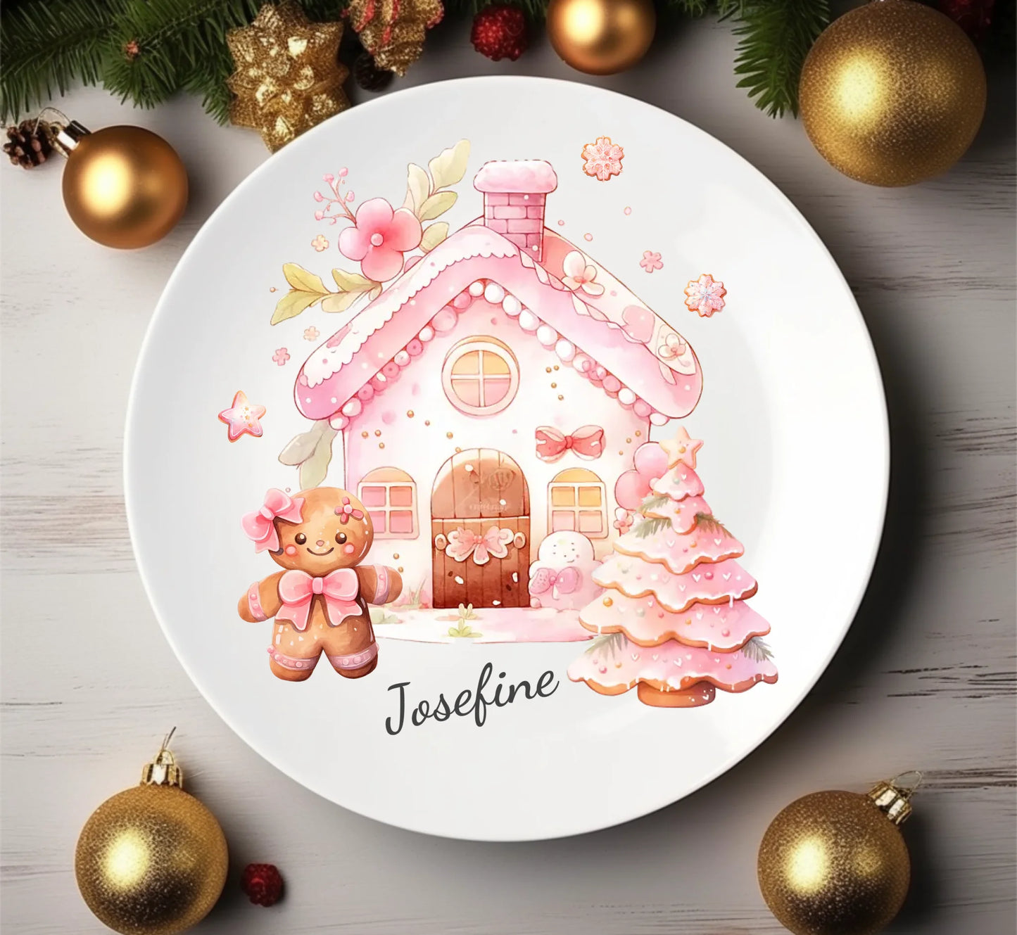 Kinderteller Lebkuchenhaus - Weihnachtsteller mit Namen personalisiert, Kindergeschirr pink