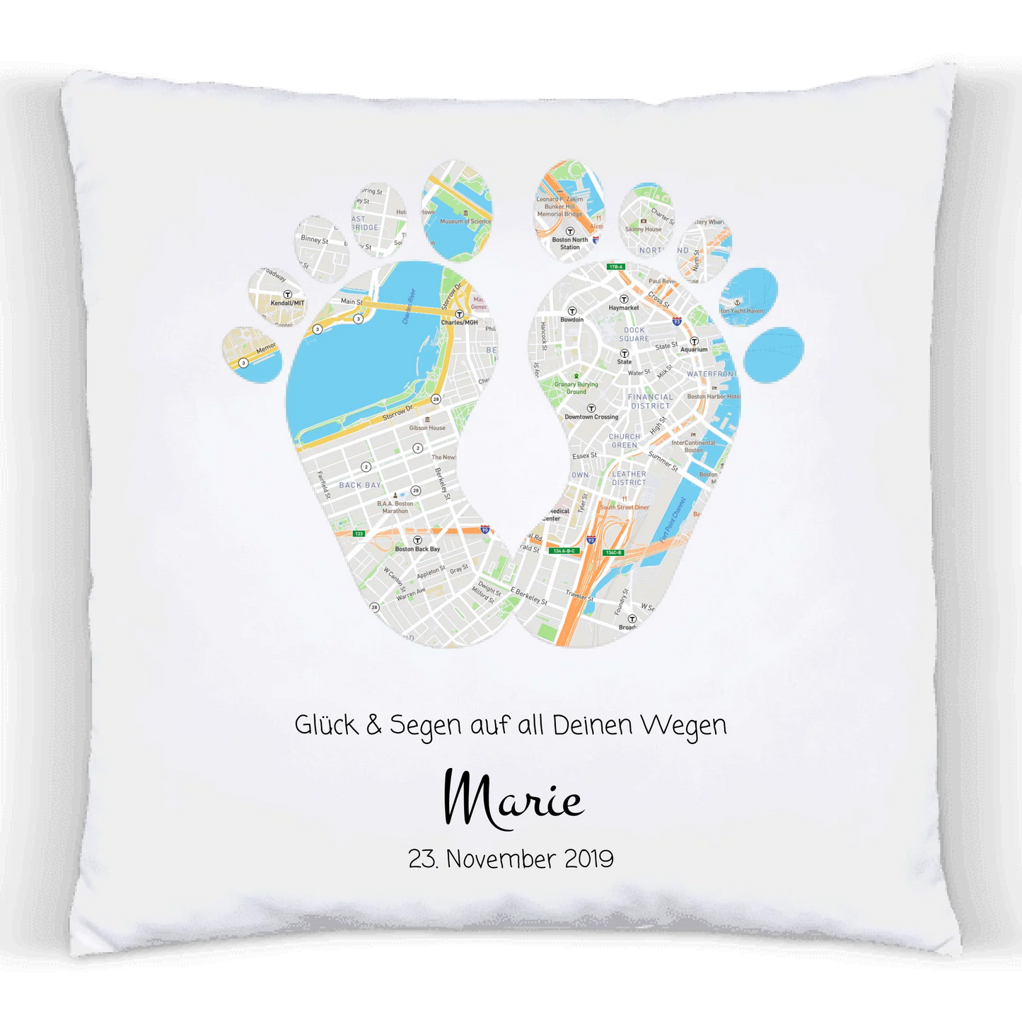Geburtsgeschenk & Taufgeschenk | Babykissen Geschenk | Kinderkissen Babygeschenk Kissen im Koordinaten Stadtkarte Design | Füße