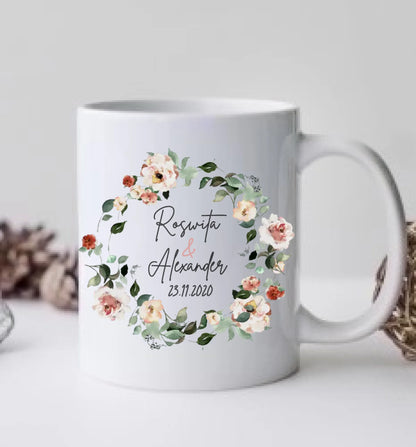 Personalisierte Hochzeitsgeschenk Tasse Blumenkranz Brautpaar, Ehepaar - Geschenk Hochzeit