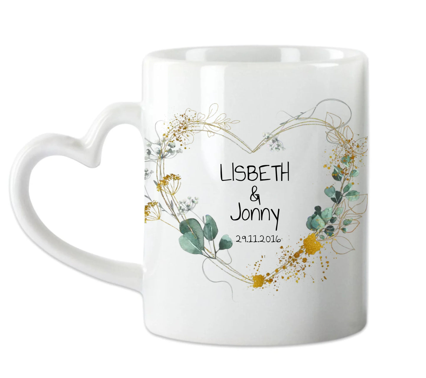 Personalisierte Hochzeitstasse Hochzeitsgeschenk Blumenkranz Herz Brautpaar, Kaffeebecher - Geschenk Hochzeit