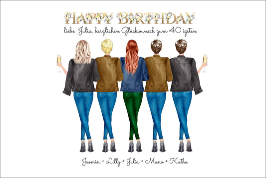 40 Geburtstag personalisiertes Poster Geschenk beste Freundin | 5 Freundinnen Bild Geschenk | Glückwunsch Geschenk beste Freundin