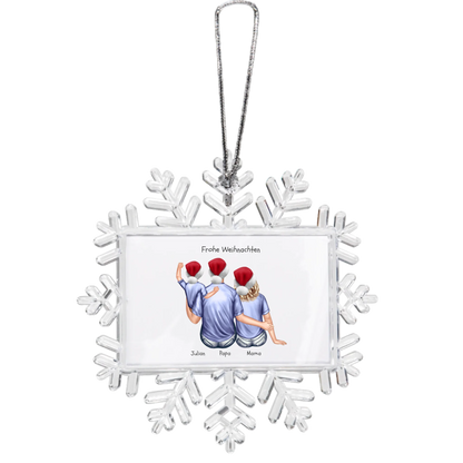 Weihnachtsbaum Ornament Schneeflocke Paar mit Wunschtext personalisiert. Baumschmuck, Baumanhänger. Geschenkanhänger