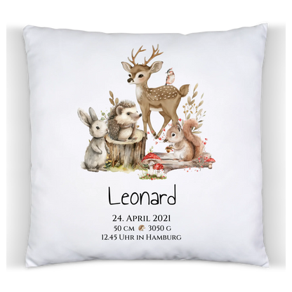 Personalisiertes Kinderposter Geschenk zur Geburt und Taufe | Waldtiere Kissen & Kinderdecke