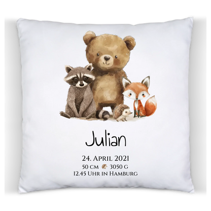 Personalisiertes Kinderposter Geschenk zur Geburt und Taufe - Waldtiere Kinderkissen & Kinderdecke