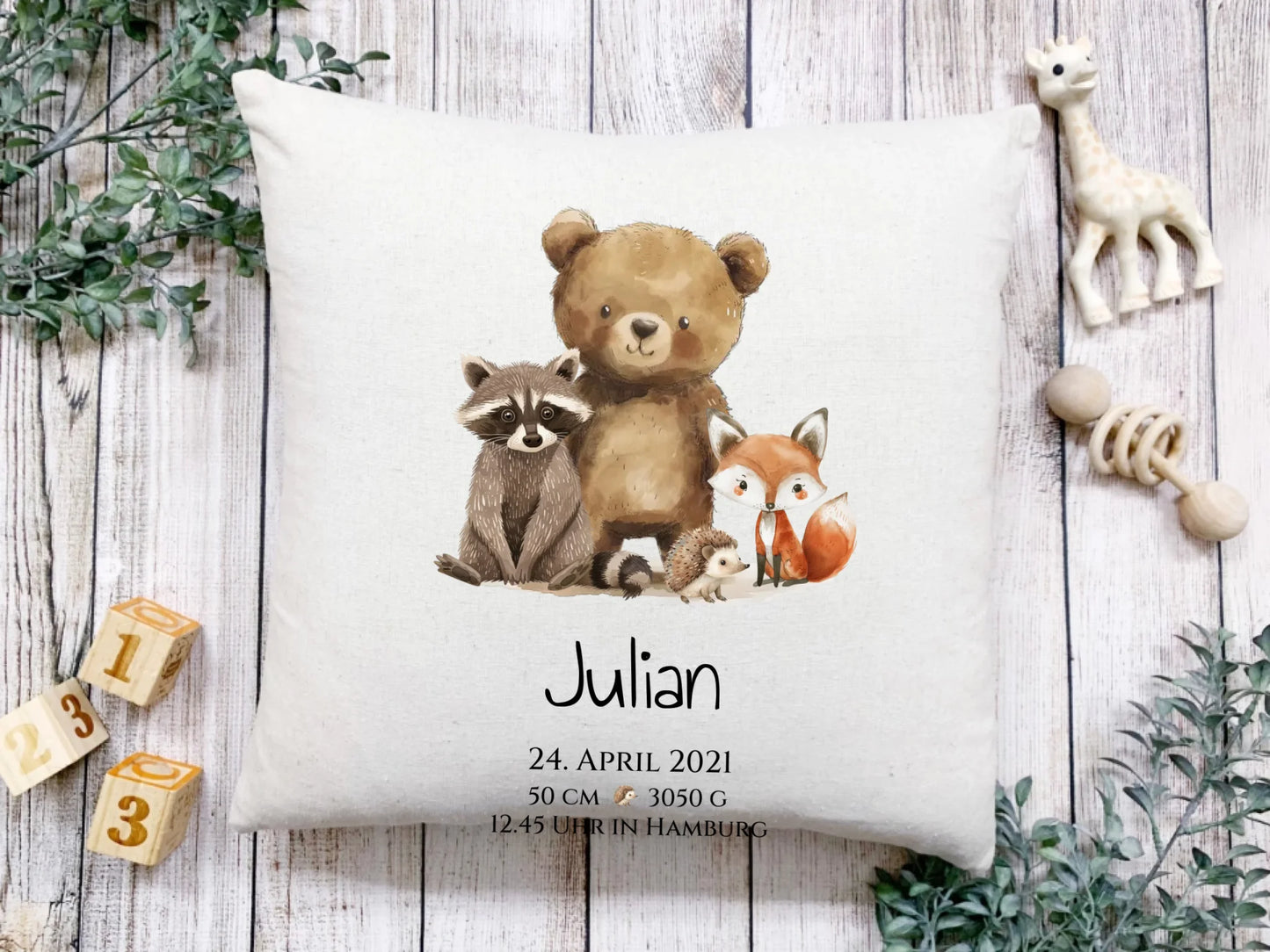 Personalisiertes Kinderposter Geschenk zur Geburt und Taufe - Waldtiere Kinderkissen & Kinderdecke