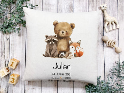 Personalisiertes Kinderposter Geschenk zur Geburt und Taufe - Waldtiere Kinderkissen & Kinderdecke