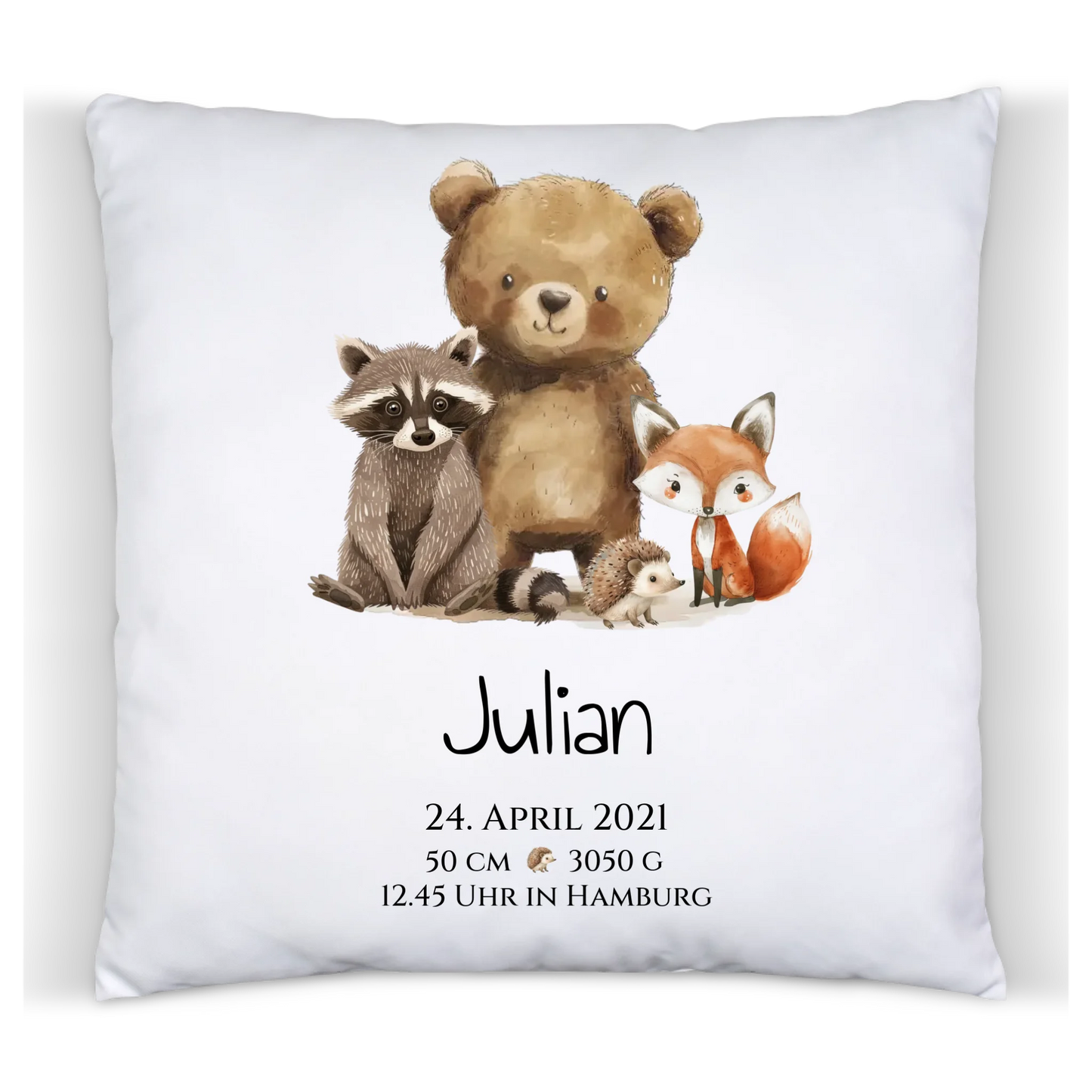 Personalisiertes Kinderposter Geschenk zur Geburt und Taufe - Waldtiere Kinderkissen & Kinderdecke