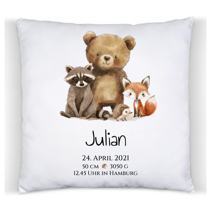 Personalisiertes Kinderposter Geschenk zur Geburt und Taufe - Waldtiere Kinderkissen & Kinderdecke
