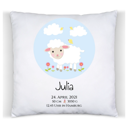 Personalisiertes Geschenk zur Geburt und Taufe | Schäfchen - Kinderposter - Kissen - Kinderdecke