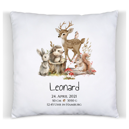 Personalisiertes Kinder Kissen Geschenk zur Geburt und Taufe | Waldtiere Kissen & Kinderdecke