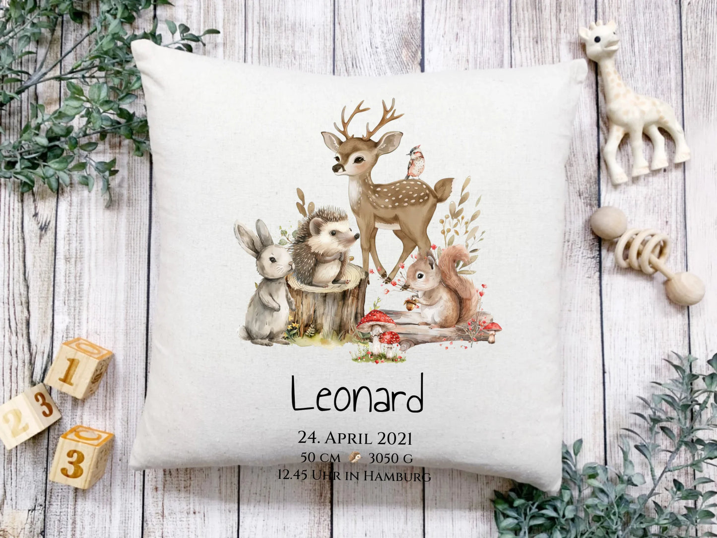Personalisiertes Kinder Kissen Geschenk zur Geburt und Taufe | Waldtiere Kissen & Kinderdecke