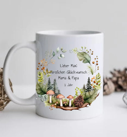 Kindertasse Wald, Natur, Personalisierte Tasse Geschenk, Geburtstagstasse mit Namen und Text