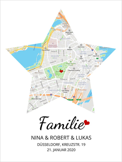 Geschenk Familie Poster personalisiert | Stern Stadtkarten Poster | Wohnort Familie | Geschenk Einzug, Hochzeit Hochzeitstag, Jahrestag, Verlobung