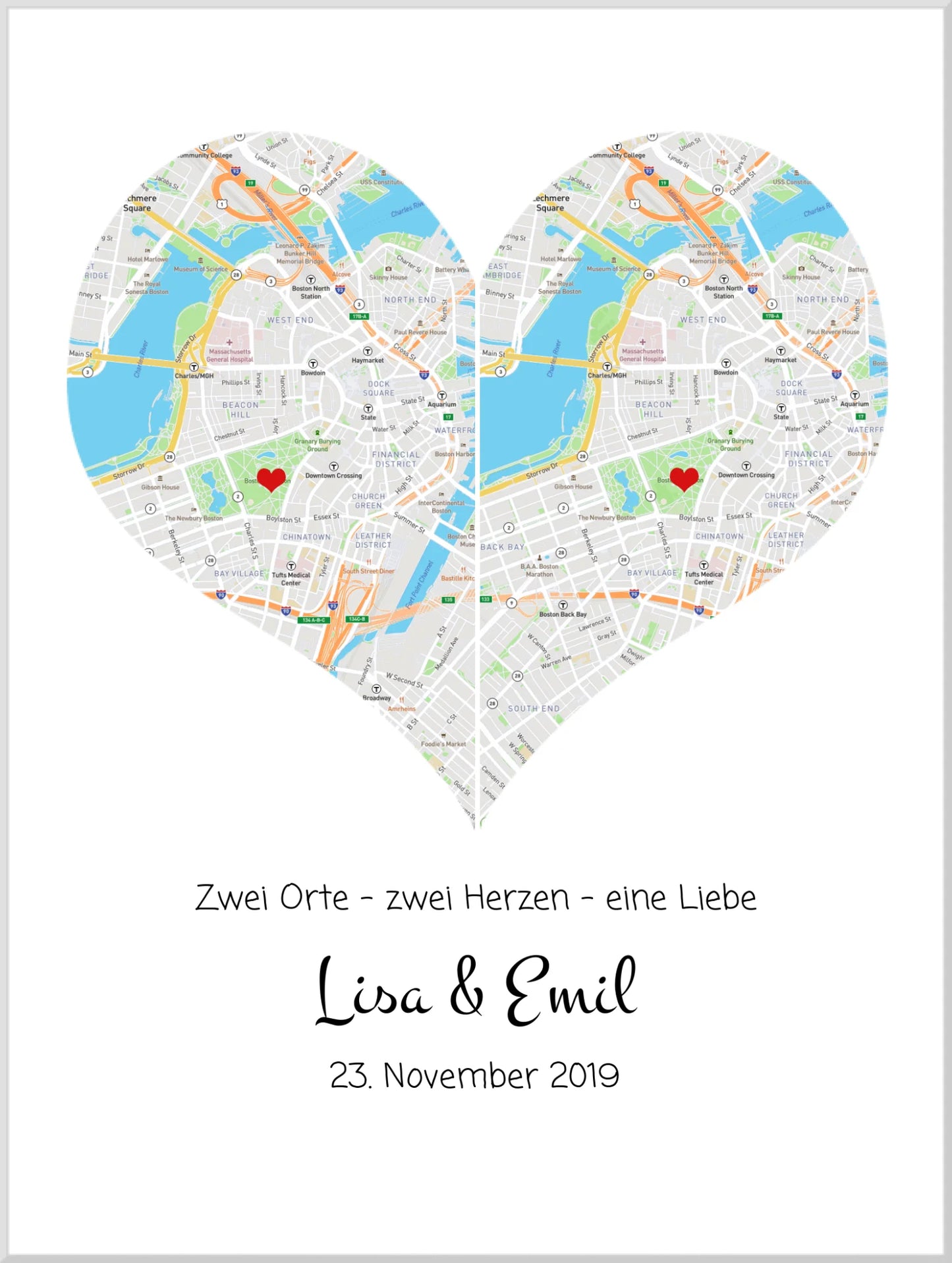 Wo alles begann Poster | Personalisierte Stadtkarte mit Herz - 2 Orte, ein Herz -Kennenlernorte - Städtekarte - Hochzeitsgeschenk-Hochzeitstag Geschenk- Glückwünsche-Hochzeitswünsche