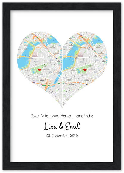 Wo alles begann Poster | Personalisierte Stadtkarte mit Herz - 2 Orte, ein Herz -Kennenlernorte - Städtekarte - Hochzeitsgeschenk-Hochzeitstag Geschenk- Glückwünsche-Hochzeitswünsche