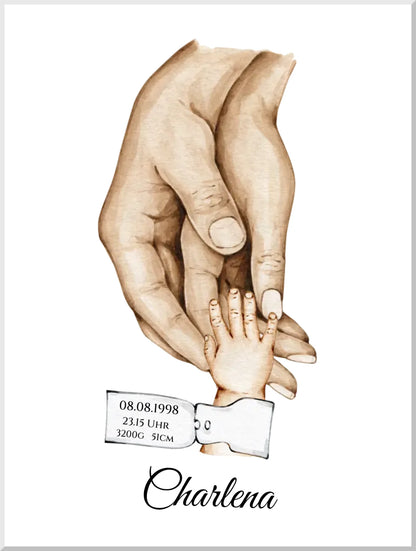 Personalisiertes Familiengeschenk als Familienposter | Geschenk Geburt mit Hände Motiv | Namen 3 Personen