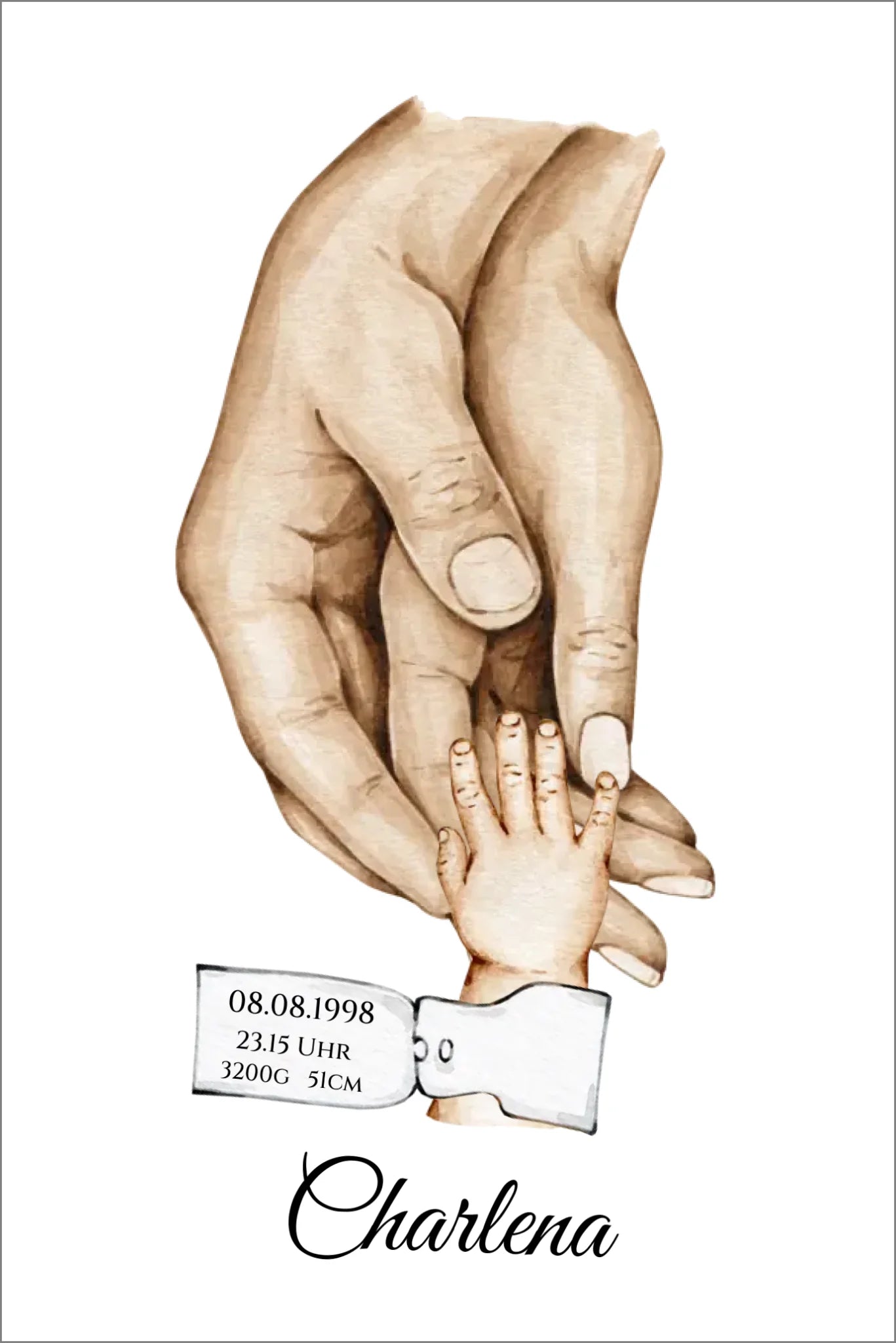 Personalisiertes Familiengeschenk als Familienposter | Geschenk Geburt mit Hände Motiv | Namen 3 Personen