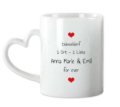 Hochzeitsgeschenk Personalisierte Tasse mit Herz - Wo alles begann - 1 Ort - Kennenlernorte
