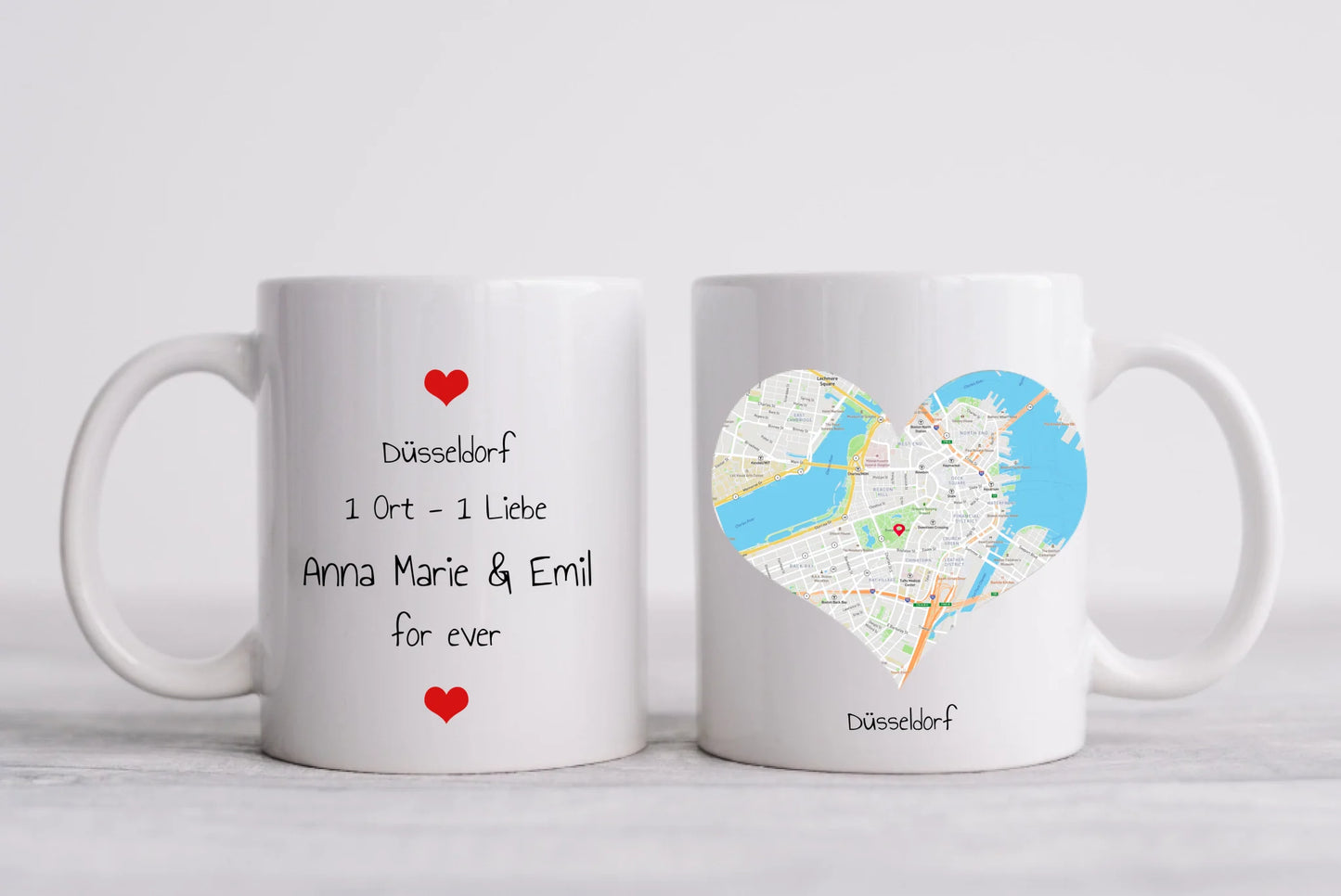 Hochzeitsgeschenk Personalisierte Tasse mit Herz - Wo alles begann - 1 Ort - Kennenlernorte