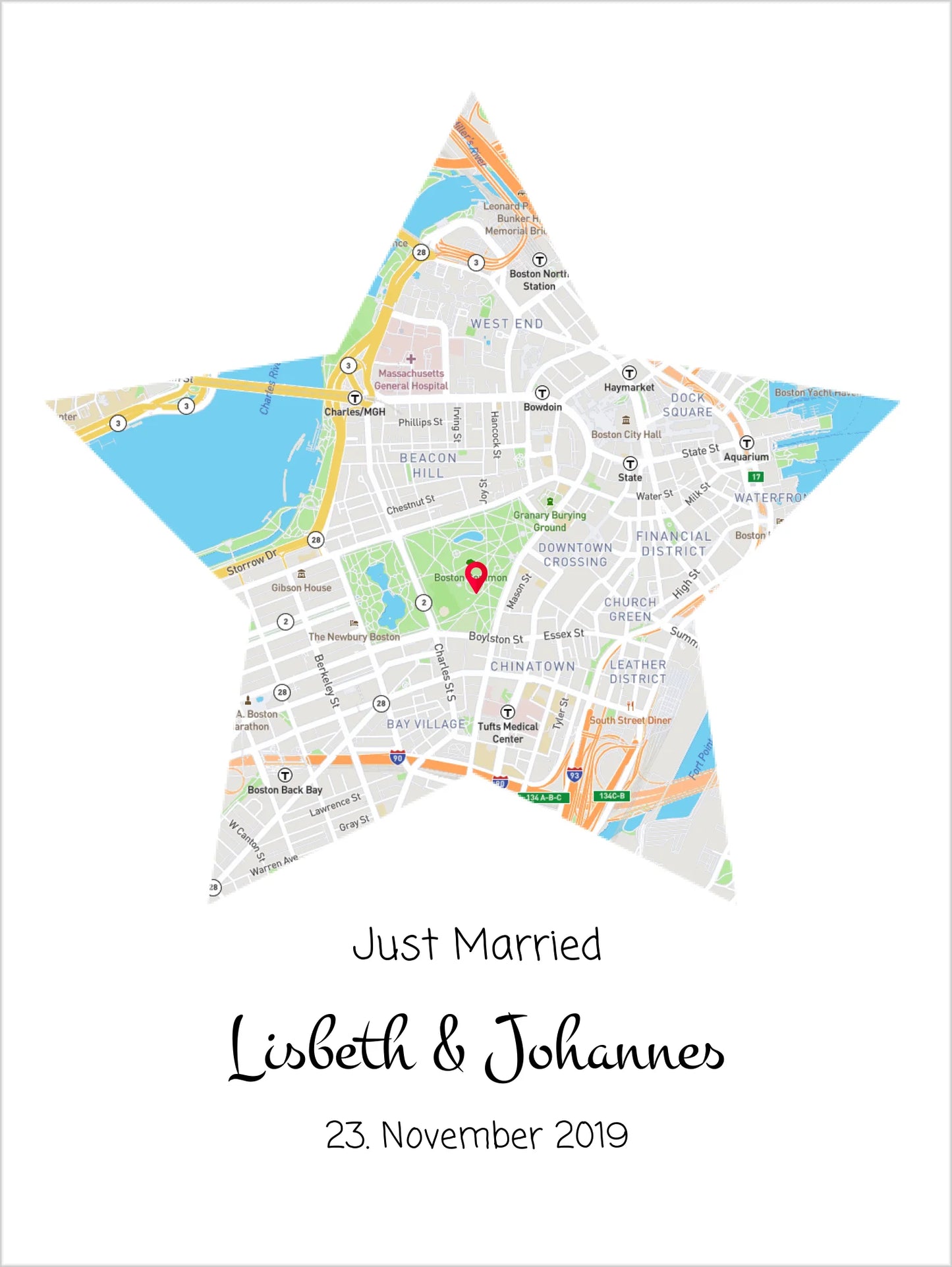 "Just Married" personalisiertes Hochzeitsgeschenk | Koordinaten Poster Stern im Stadtkarte Design | Geschenkidee