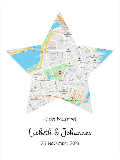 "Just Married" personalisiertes Hochzeitsgeschenk | Koordinaten Poster Stern im Stadtkarte Design | Geschenkidee