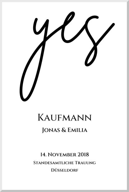 Personalisiertes Hochzeitsposter "YES" |  Hochzeitsgeschenk Bild mit Namen und Datum