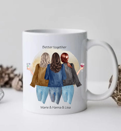 Geschenk 3 Beste Freundinnen Tasse mit Spruch personalisiert - Geburtstagsgeschenk, Freundin, Schwester, Manna, Kollegin
