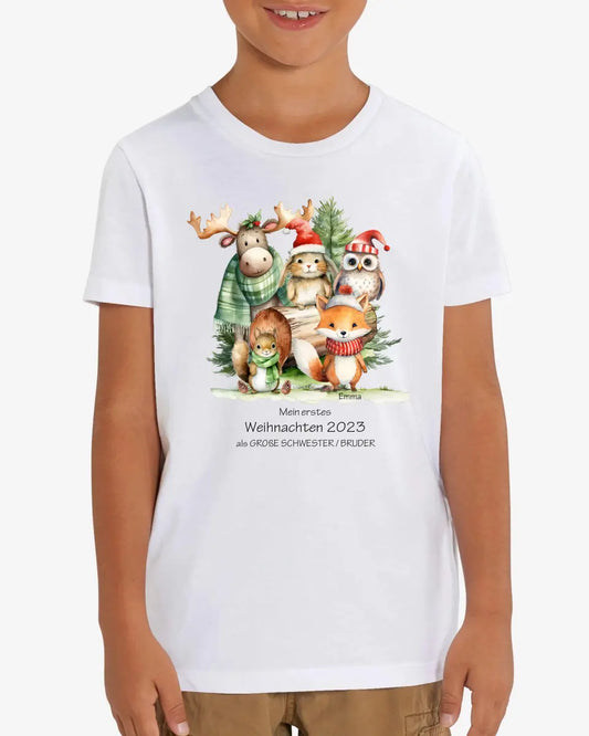 Geschenk Weihnachten 2023 - T-Shirt - Erstes Weihnachten als große Schwester, großer Bruder für Mädchen / Jungen Happy Christmas mit Wunschtext