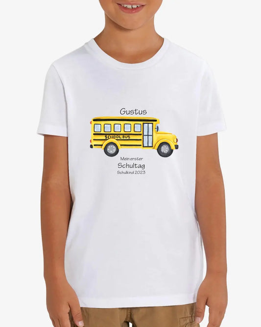 Mein erster Schultag - Kinder Bio T-Shirt mit Namen und Wunschtext personalisiert - Schulbus